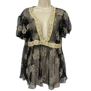 Panilli Sheer Top Womens XL Floral Lace Beaded Babydoll Fairy Grunge Cottage Y2K